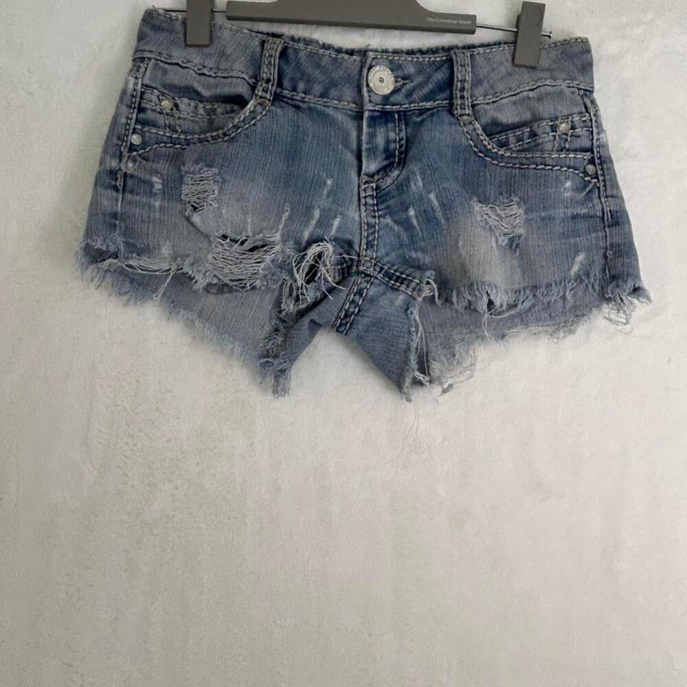 Almost Famous Denim Shorts Womens 5 Blue Distressed Frayed Low Rise Y2K Cut Offs